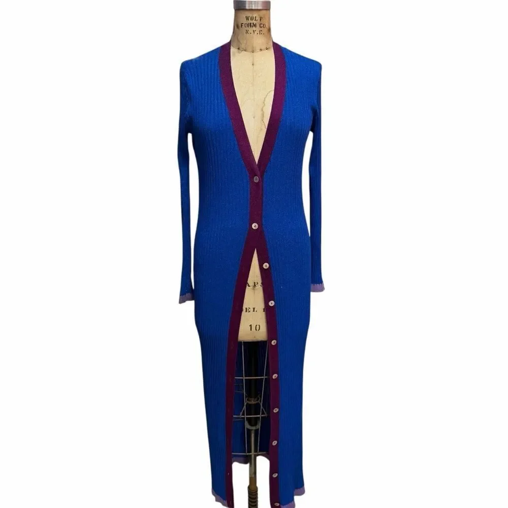Zara Knit Blue Long Cardigan with Burgundy Trim Size M